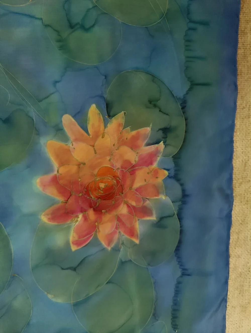 Rare Noel A. Bray Signed Silk Scarf. Hand-Painted Water Lily Art, 35